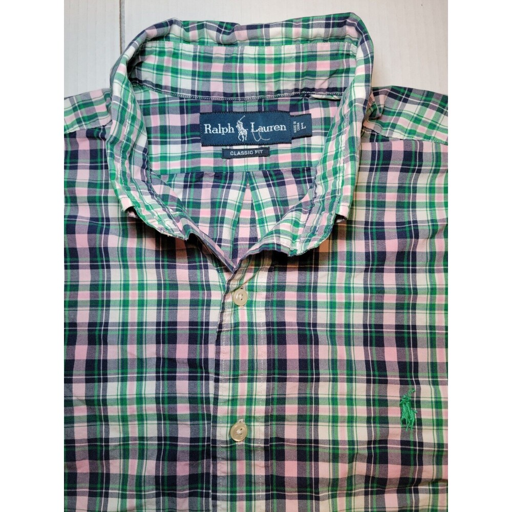 Polo Ralph Lauren Green Pink Plaid Twill Shirt Mens L Classic Fit Casual Look - Picture 2 of 6